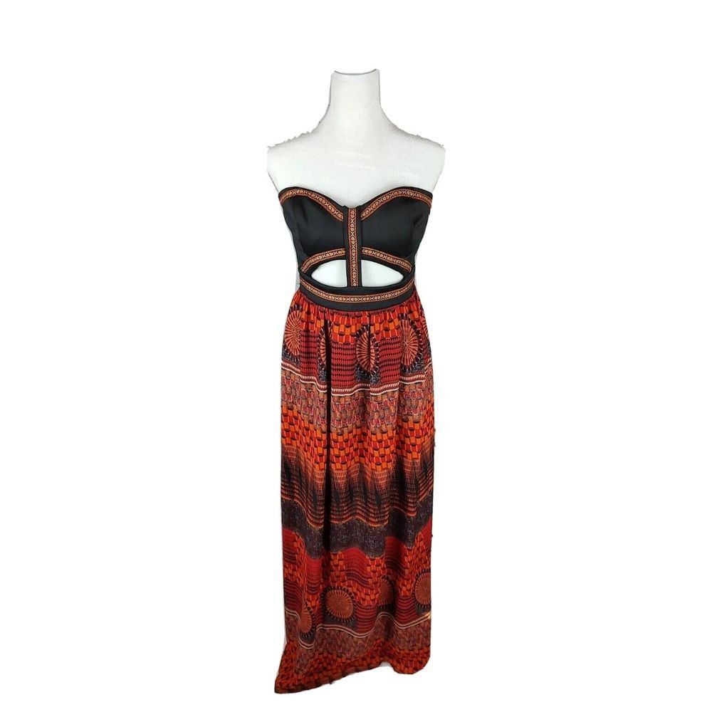 Strapless Cut-out Maxi Dress Black Orange Geometric Tribal Print Summer Boho